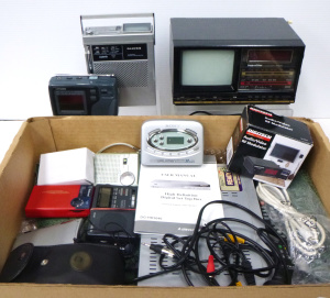 Box lot of vintage Audio Visual inc Sanyo portable Clock Radio & TV, Superst