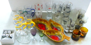 Group lot of assorted items inc, Glass Ware with enamel images, chrome mini salt