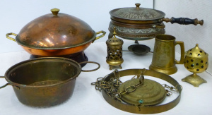 Group lot of metal Ware inc, Eastern Brass lidded heating pan with tripod stand,