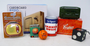 Group lot of Novelty portable radios inc Dice shape, Packaged Retro, Cardboard,