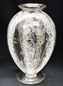 Italian Venetian glass 1960s Vase - Bulbous form with etched vertical scrolled p