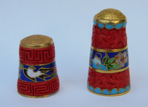 2 Vintage Japanese Cloisonne & Cinnabar Thimbles - Taller with Floral &