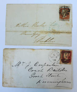 2 x vintage English Penny Red Stamps on Evelopes - c1843 Unperforated & unev