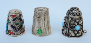 3 x Sterling Silver vintage Thimbles inc Filligree with green Guilloche flowers,