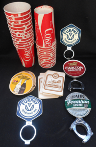 Group lot Bar items, inc Beer Tap Badges, Drink Coasters, Vintage Take-away Coke