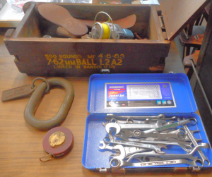 Group lot of tools in an Ammo Crate, incl Tape Measure in Leather Case, Fishing