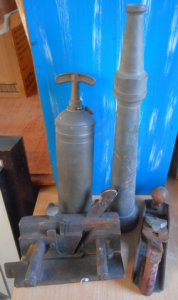 Group lot Vintage Blokey items, incl Wood Plane, Router Plane, Brass Firehose N