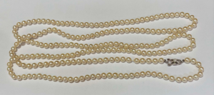 Long strand cultured pearls with silver clasp - approx 148cms L