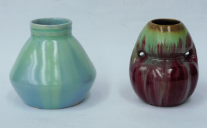 2 pces Vintage European Art Pottery - Candy Ware Green & Blue vase & Bel