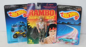 3 x Vintage Mint Carded Kids Toys incl Rambo Champion of Libery Figuire w Crossb