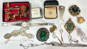 Group lot - costume jewellery, 1956 Olympic Games leg shaped bottle opener, Seik