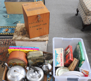 Group Lot of Assorted Items incl Tins, China Pieces, Metal Fire Box, Wooden Pati