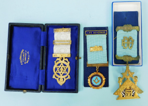 3 x Masonic medals inc Gold plated Sterling Silver Prinicpals Jewel, 1979 Freema