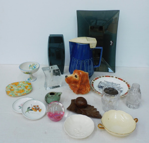 Box lot Mixed inc Glass Paperweight, Carlton Ware, Dog Wall pocket vase, Glass v