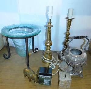 Group lot metal ware inc 2 x Brass lamps, Brass Elephant, EPNS Spirit kettle (no