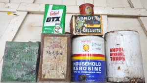 Lot of Vintage Tins incl Arnotts Biscuit Tin w Paper Label, Gargoyle Mobiloil A