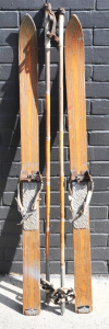 Pair of Vintage Wooden Snow Skii's & Skiiing Poles - Skii's Approx 150cm H