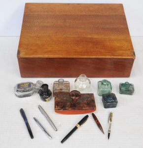 Vintage Wooden Writing Box w Contents incl Bakelite Handled Blotter, Vintage Ink