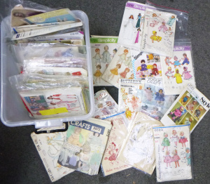 Box lot of mostly Vintage Doll Dress Clothing Sewing Knitting & craft Patte