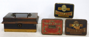 Group Lot Vintage Tins & Cash Box - incl 2 x Smile Away Tobacco Tins, 1 x To