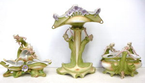 Vintage German Art Nouveau Garniture Set - Light Green Coloured Porcelain featur