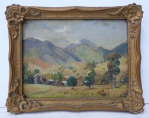 Violet McInnes (1892 - 1971) Small Gilt Framed Oil painting - 'Blue Hills' - Sig