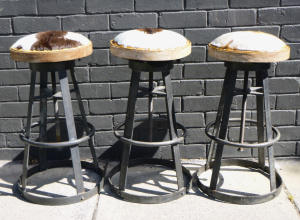 3 x Vintage Cowhide Bar Stools - strong, heavy, adjustable metal bases, some hid