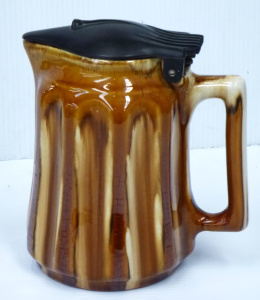 Australian Bendigo Pottery Electric Jug - brown & cream drip glaze, vertical