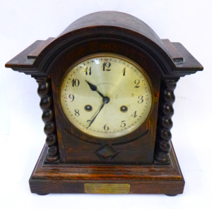 C 1920 Mantel Clock - Dark stained Oak with barley twist columns, pendulum &