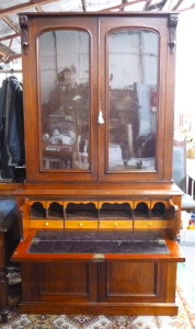 Victorian Cedar Bookcase Writing Desk Combination - Glazed top section w drop f