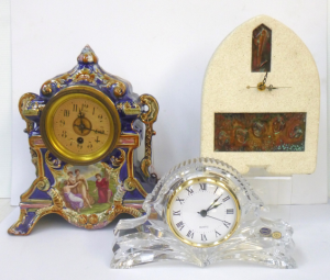 3 x Vintage Mantel Clocks inc C 1900 Blue Majolica with Classical image of 3 ma