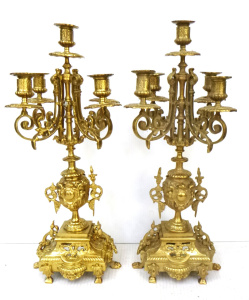 Lot 1 - Pair Vintage style Ornate heavy Brass Candelabras - 4 arms surrounding c