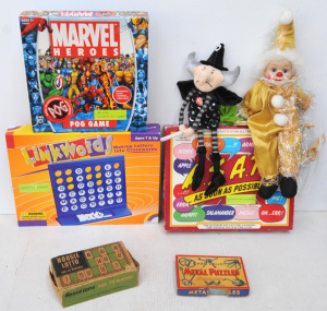 Lot 7 - Box lot games, puppets etc incl Marvel Heroes, Linkwords, Chad Valley me