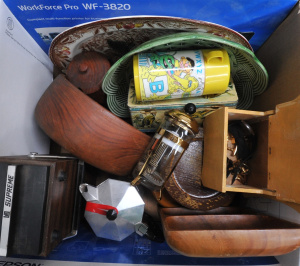 Lot 21 - 2 x Boxes Mixed Items - incl Cuff Links, Mens Pulsar Watch, 70s Teak Se