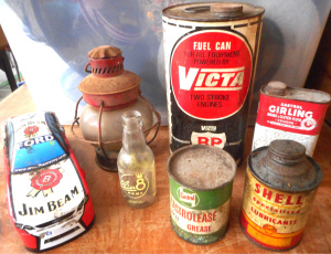 Lot 24 - Group lot Tins - BP, Shell, Castrol, Jim Beam - plus Chinotto bottle an