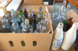 Lot 40 - 2 x Boxes Vintage Glass and Stoneware Bottles, incl Milk, cream, Marcha