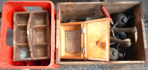 Lot 46 - Box of Vintage tools - oil cans, mincers, etc - plus Slades Crate