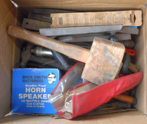 Lot 58 - Box of assorted Tools, incl Wooden Mallet, Dick Smith Horn Speaker, Chi