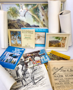 Lot 63 - Box lot of Australian themed items inc, framed Albert Namatjira prints,