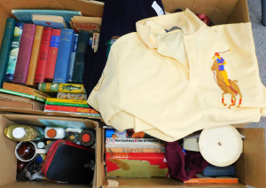 Lot 70 - 4 x Boxes Mixed inc Kitchen scales, Ralph Lauren Polo Shirt, Tins, Bott