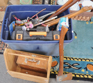 Lot 73 - Box lot of Assorted Tools & Hardware incl Vintage Axes, Power Drill