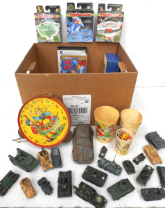 Lot 98 - Box lot Vintage toys, incl Movie cups, tin tambourine (acme toys), VW B