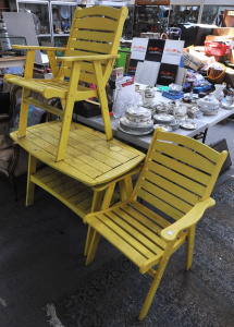 Lot 110 - Vintage Hardwood Yellow Painted Outdoor 3-Piece Table & Chairs (1