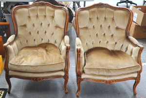 Lot 112 - Pair of Victorian style Armchairs w Button Back Upholstery, Carved Wo