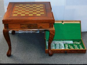 Lot 114 - 2 pces inc Teak Games table with brass inlay & two draws 47cm H -