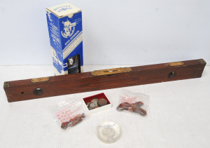 Lot 116 - Box lot of Mixed Items incl Vintage Elvitica Spirit Level, Silver Doll