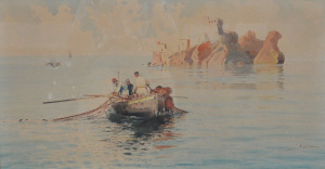 Lot 126 - Vincenzo Loria (Italy, 1850 - 1939) Large framed Watercolour - Fisherm