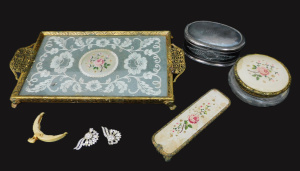 Lot 130 - Group lot of vintage ladies items inc Petit Point tray, Brush & po