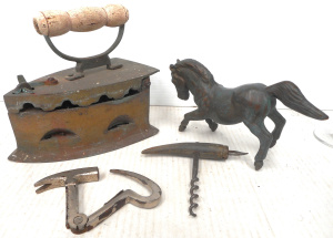 Lot 131 - Group lot metal items, incl Vintage Iron, Bronze Horse figure, Hoof to