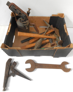 Lot 134 - box Vintage tools, incl Vintage Brass Blow Torch Made in Aust By autho